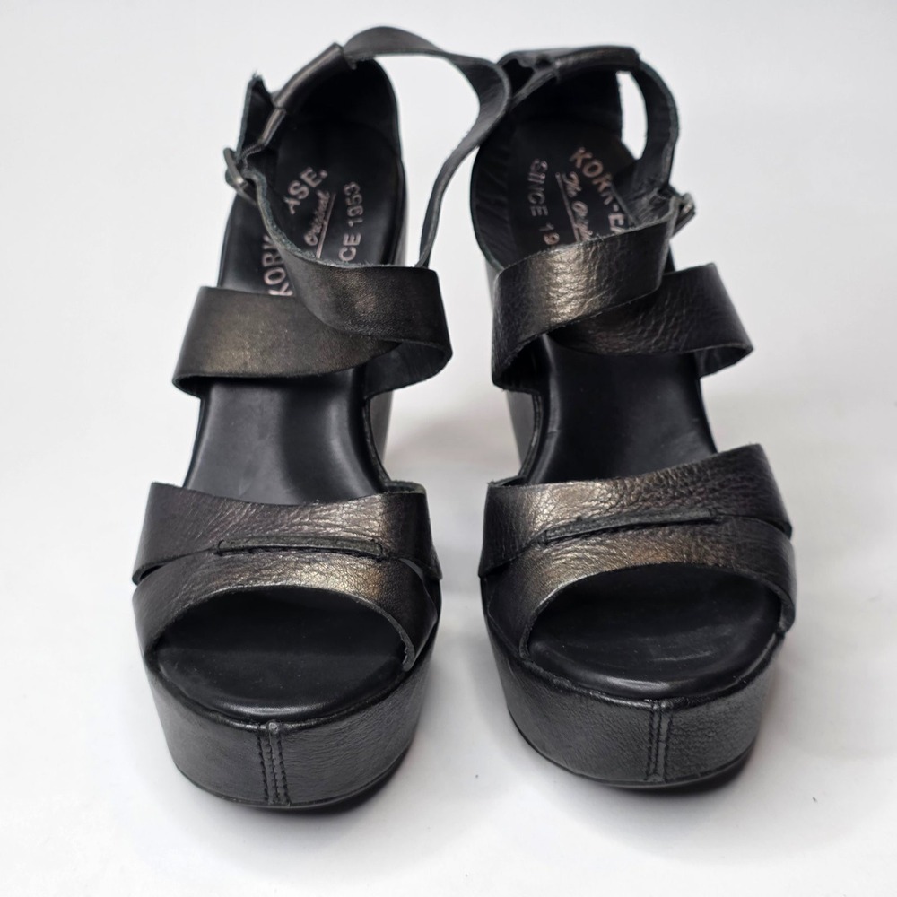 Kork-Ease Gracen Sandals Women's 6 Metallic Black Leather Buckle Platform Wedge - Picture 11 of 16
